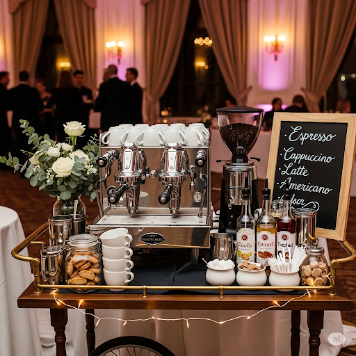 Mobile coffee cart at an outdoor wedding