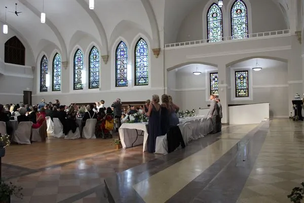 A luxury mobile espresso bar set up inside the historic Dresden Castle wedding venue in Cudahy, Wisconsin